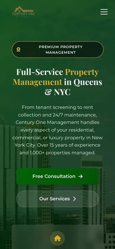 Century One Management home page on a phone