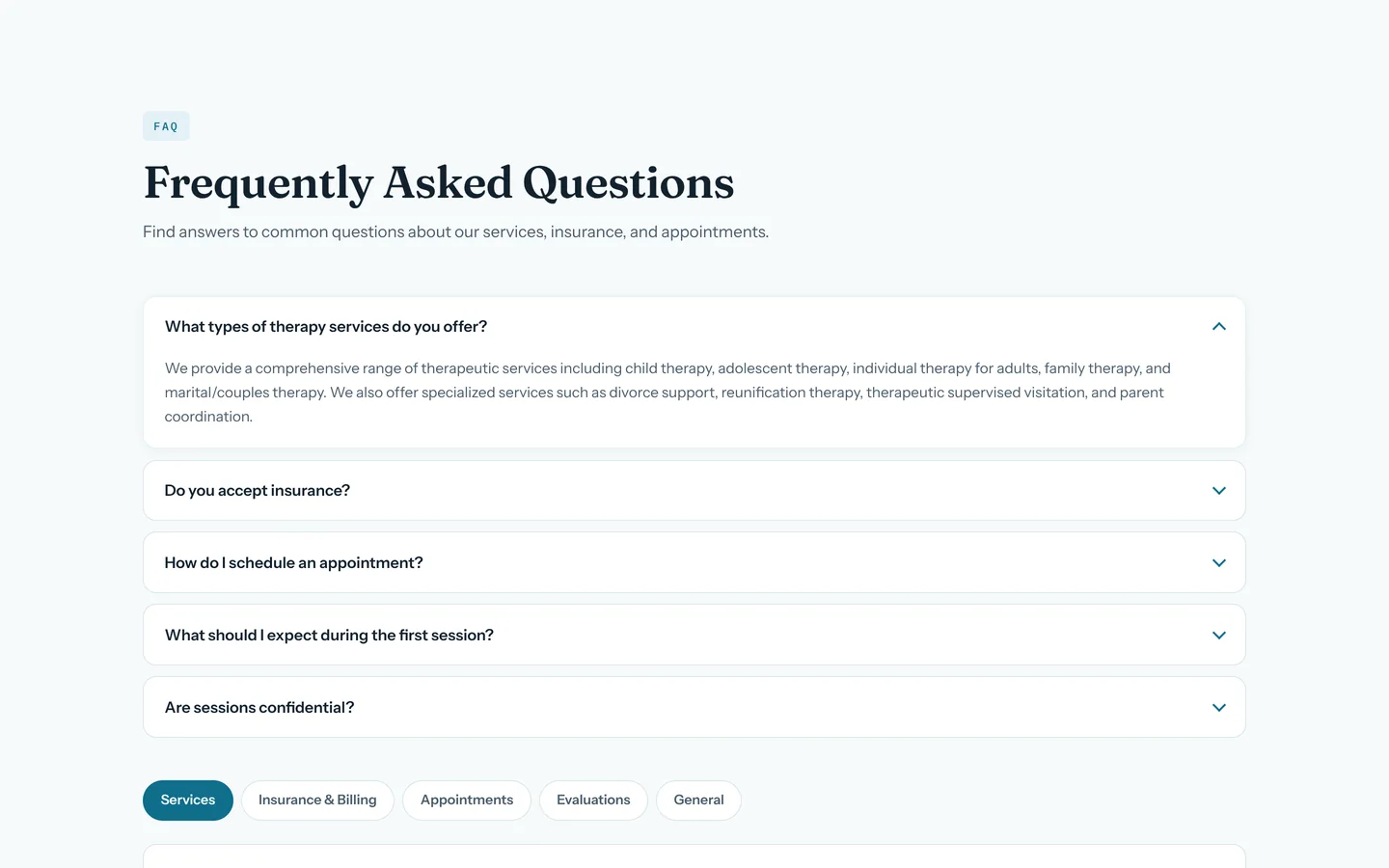 Child & Family Psychological Services — A tabbed FAQ across five topics