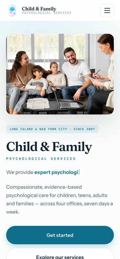Child & Family Psychological Services home page on a phone