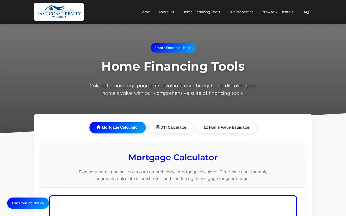 East Coast Realty by Zarina — Mortgage, debt-to-income and home-value tools