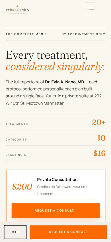 Eviaesthetics home page on a phone