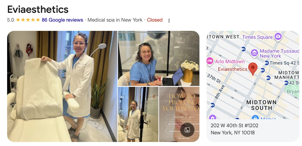 Eviaesthetics Google Business Profile with a 5.0 rating from 86 Google reviews
