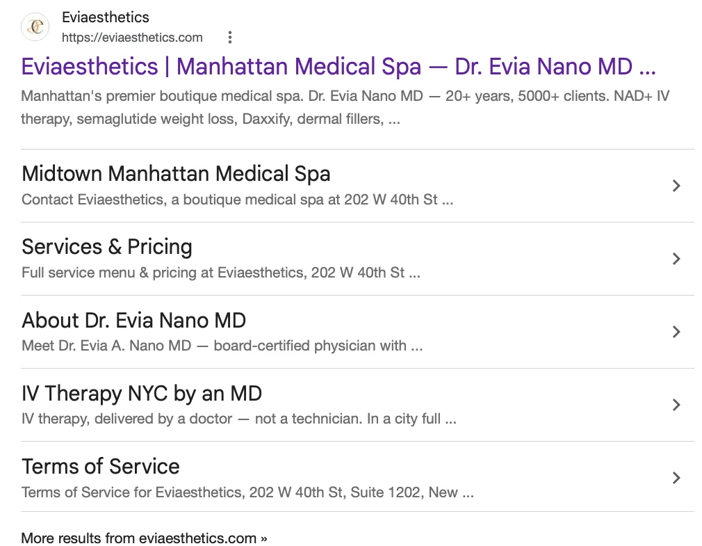 Google search result for Eviaesthetics showing sitelinks to its services, about and IV therapy pages