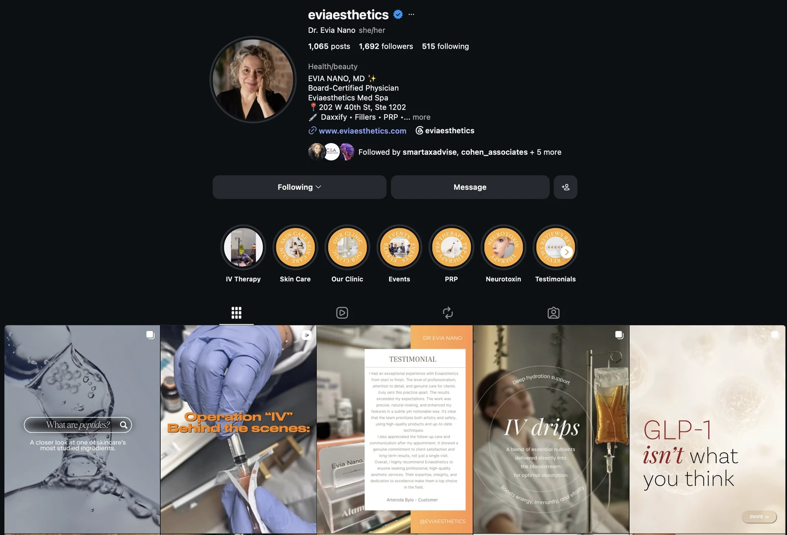 Eviaesthetics verified Instagram profile with story highlights and branded posts