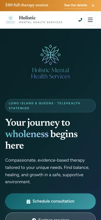 Holistic Mental Health Services home page on a phone