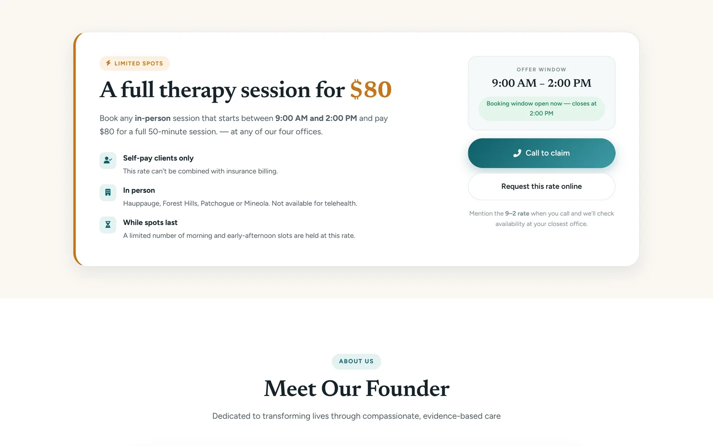Holistic Mental Health Services — The $80 offer, with a live booking-window clock